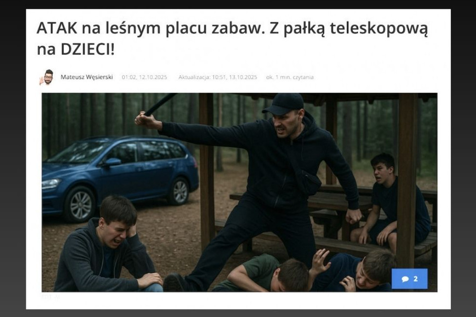 Lokalny portal ilustruje tekst o ataku na nastolatków grafiką AI udającą zdjęcie. Autor nie widzi problemu